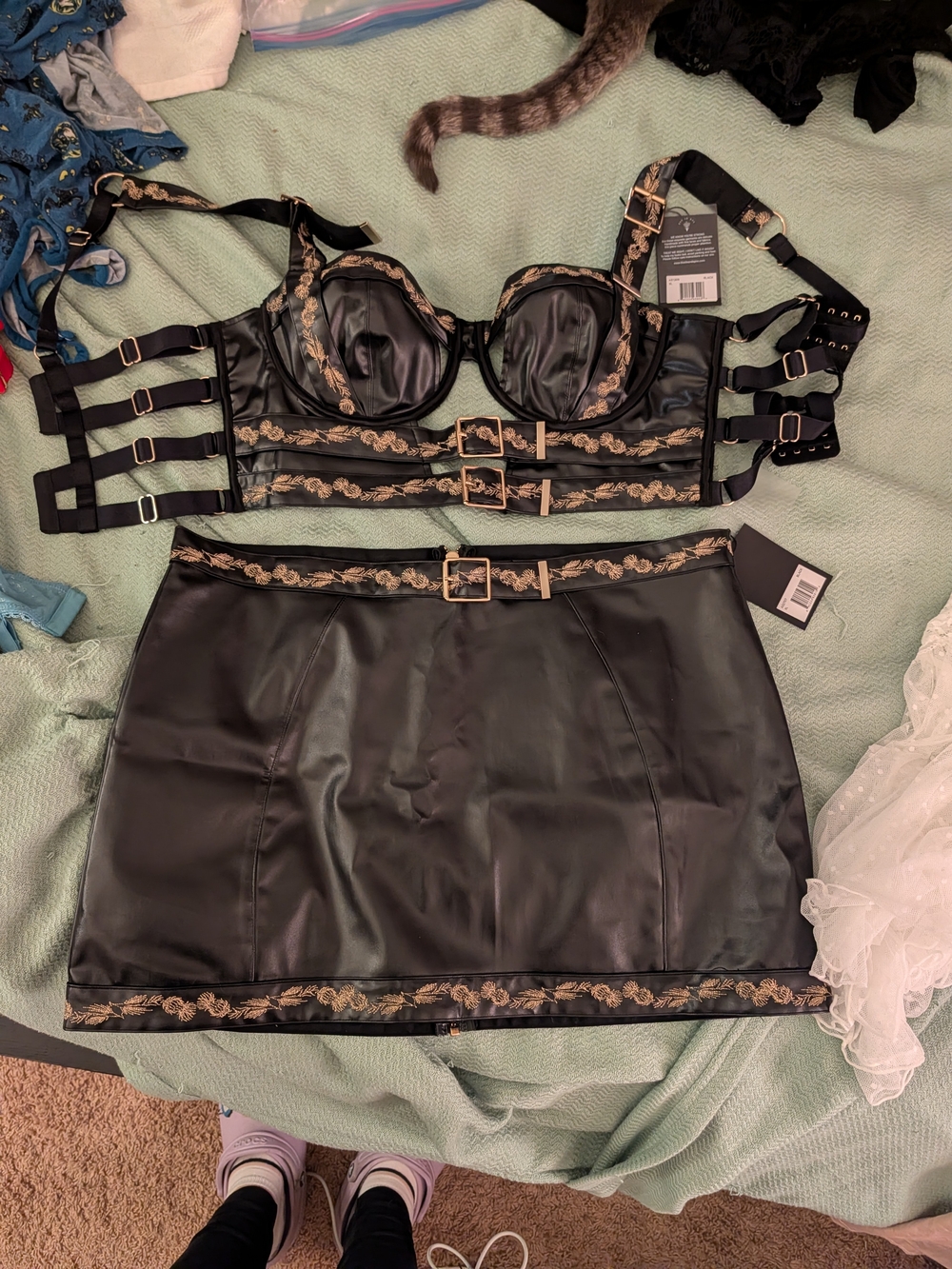 Thistle & Spire - Medici Set - Black Faux Leather Top&Mini Skirt with Gold Trim